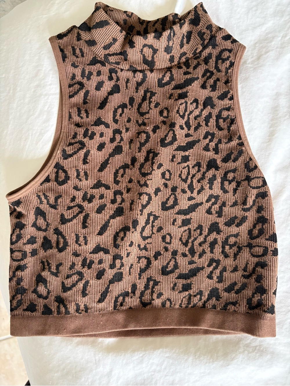 Bozzolo Brown and Black Leopard Mock Neck fitted Crop Top